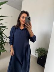 Dr 8513 Tasarım Yanlardan Büzgülü İndigo Elbise