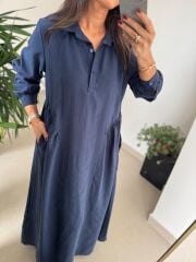 Dr 8513 Tasarım Yanlardan Büzgülü İndigo Elbise