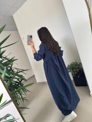 Dr 8513 Tasarım Yanlardan Büzgülü İndigo Elbise