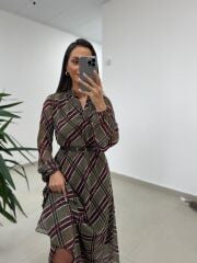 Mc 5093 Haki Reglan Kol Ekose Elbise