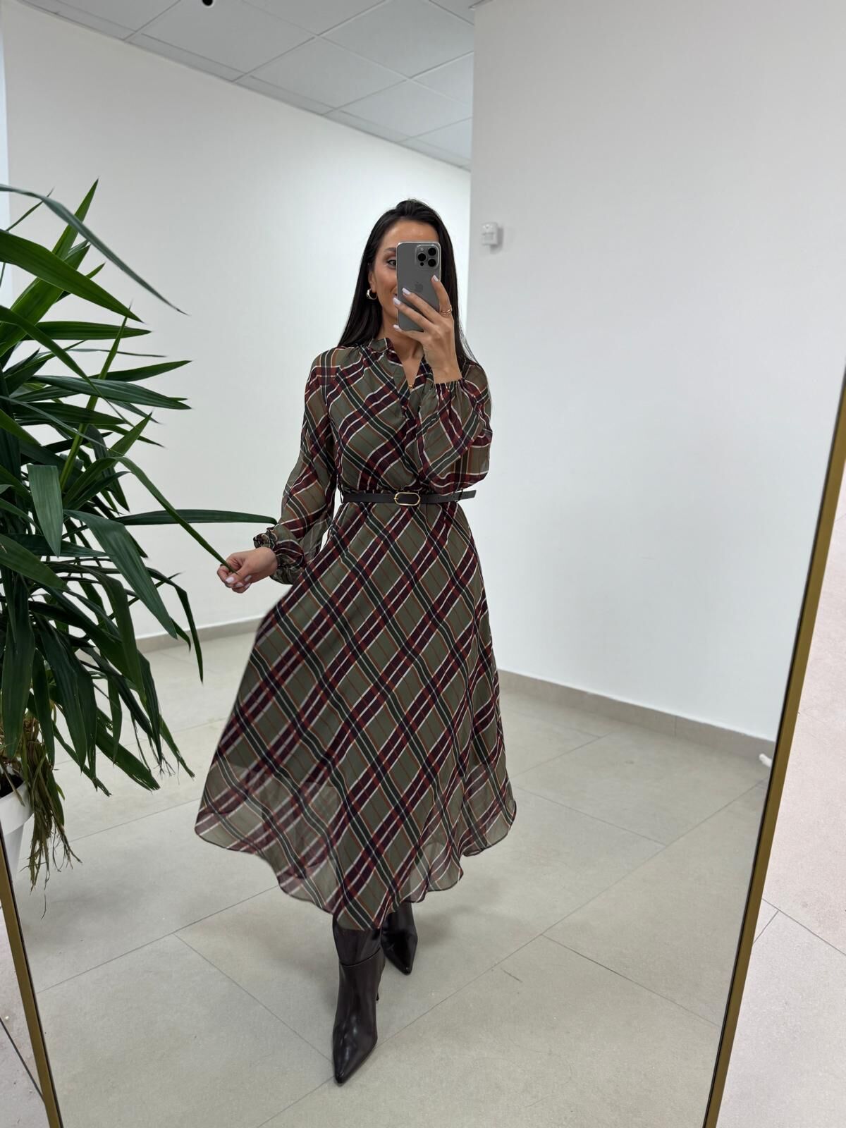 Mc 5093 Haki Reglan Kol Ekose Elbise