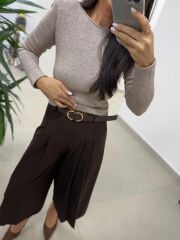 Bb 30572 Kendinden Kemerli Midi Kahve Pantolon Etek