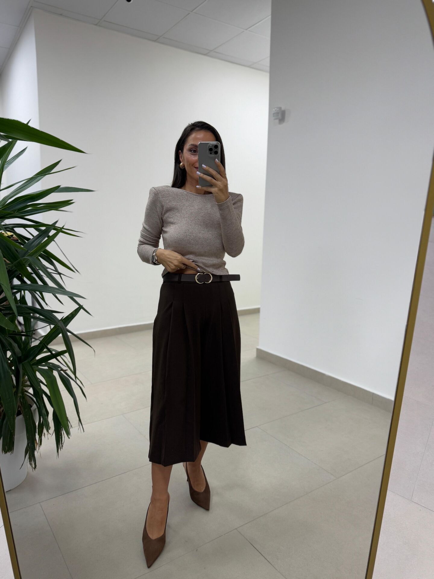 Bb 30572 Kendinden Kemerli Midi Kahve Pantolon Etek