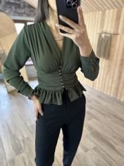 Haki krep düğmeli bluz