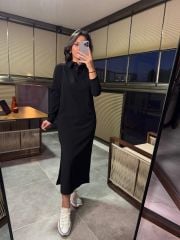 Ms Polo Yaka Massi Siyah Elbise