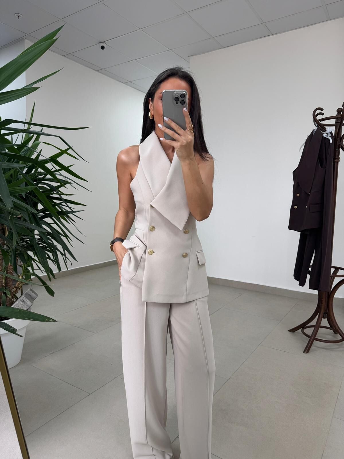 Fp 9629 Bej Gold Düğmeli Yelek Takım