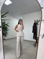 Fp 9629 Bej Gold Düğmeli Yelek Takım