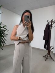 Fp 9629 Bej Gold Düğmeli Yelek Takım