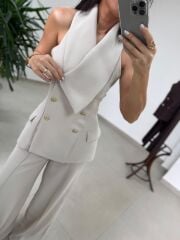 Fp 9629 Bej Gold Düğmeli Yelek Takım