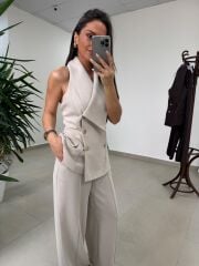 Fp 9629 Bej Gold Düğmeli Yelek Takım