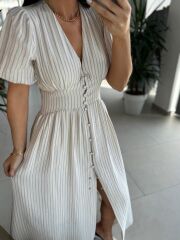 Np 6009 Mor Çizgili Keten Elbise