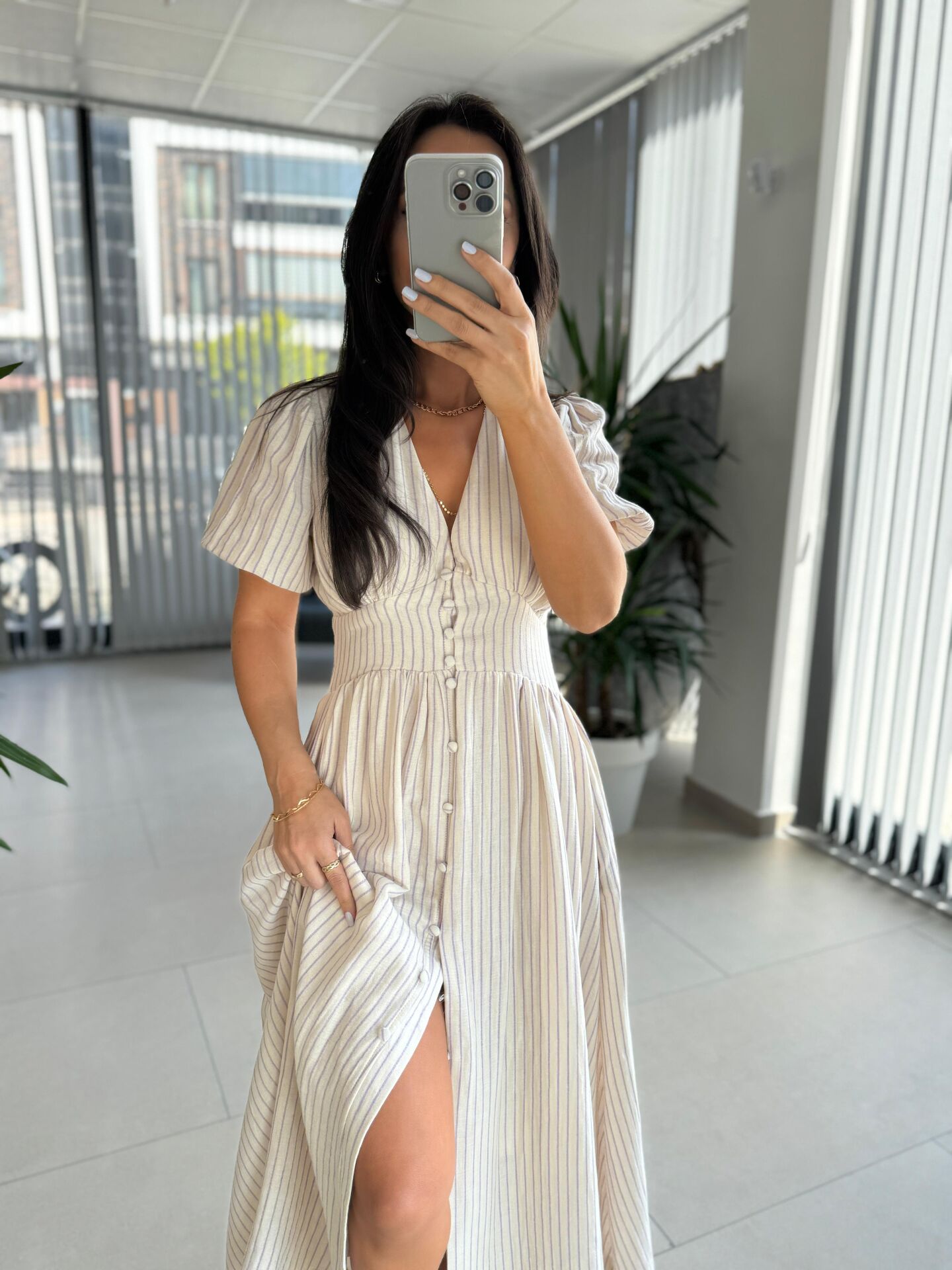 Np 6009 Mor Çizgili Keten Elbise