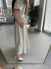 Np 6009 Mor Çizgili Keten Elbise