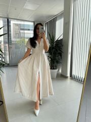 Np 6009 Mor Çizgili Keten Elbise