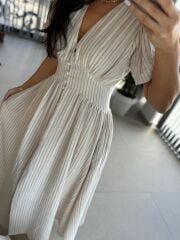 Np 6009 Mor Çizgili Keten Elbise