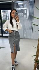 Denim Antrasit Düğmeli Etek