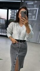 Denim Antrasit Düğmeli Etek