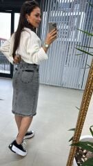 Denim Antrasit Düğmeli Etek