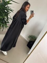 Dr 8513 Tasarım Yanlardan Büzgülü Siyah Elbise