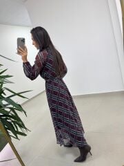 Mc 5093 Siyah Mor Reglan Kol Ekose Elbise