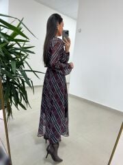 Mc 5093 Siyah Mor Reglan Kol Ekose Elbise