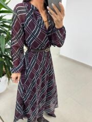 Mc 5093 Siyah Mor Reglan Kol Ekose Elbise