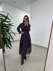 Mc 5093 Siyah Mor Reglan Kol Ekose Elbise