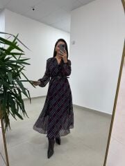 Mc 5093 Siyah Mor Reglan Kol Ekose Elbise