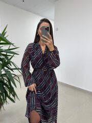 Mc 5093 Siyah Mor Reglan Kol Ekose Elbise