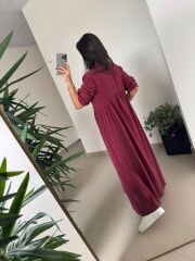 Dr 8513 Tasarım Yanlardan Büzgülü Bordo Elbise