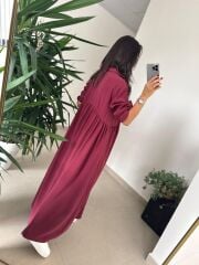 Dr 8513 Tasarım Yanlardan Büzgülü Bordo Elbise