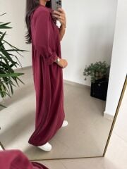 Dr 8513 Tasarım Yanlardan Büzgülü Bordo Elbise