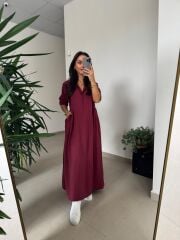 Dr 8513 Tasarım Yanlardan Büzgülü Bordo Elbise