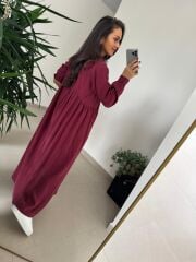 Dr 8513 Tasarım Yanlardan Büzgülü Bordo Elbise