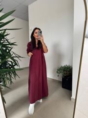 Dr 8513 Tasarım Yanlardan Büzgülü Bordo Elbise