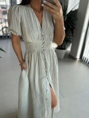 Np 6009 Siyah Çizgili Keten Elbise