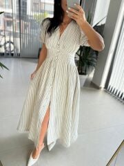 Np 6009 Siyah Çizgili Keten Elbise