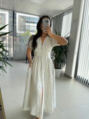 Np 6009 Siyah Çizgili Keten Elbise