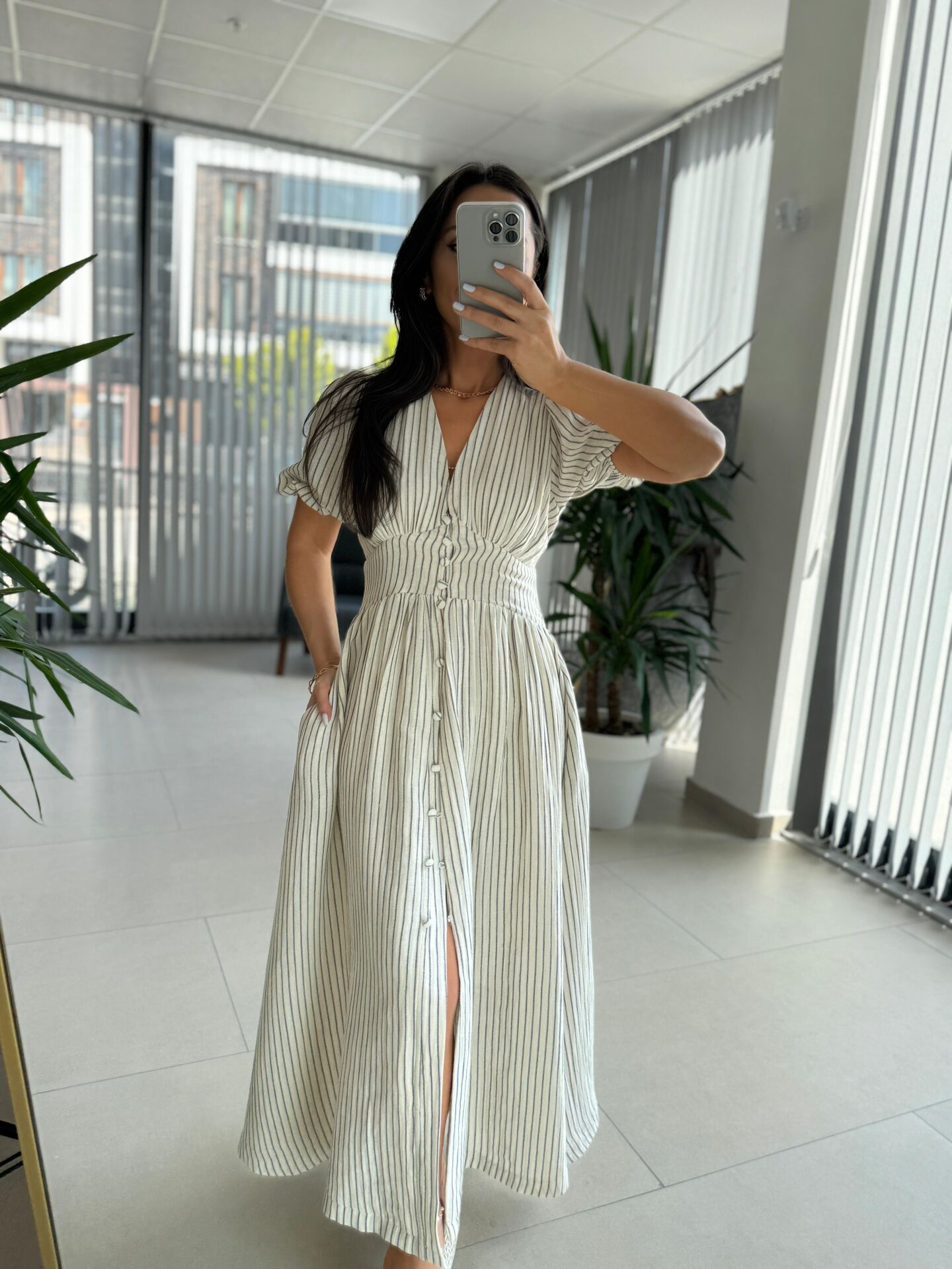 Np 6009 Siyah Çizgili Keten Elbise