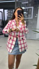 Pembe Kareli Tüvit Ceket