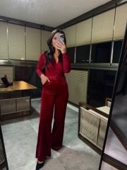 My 3340 Kadife Simli Kırmızı Tulum