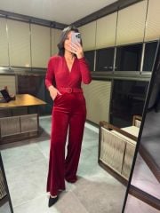 My 3340 Kadife Simli Kırmızı Tulum