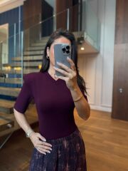 Km 4623 Vatkalı V Yaka Mürdüm Body Suit