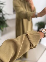 Dr 8513 Tasarım Yanlardan Büzgülü Hardal Elbise