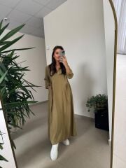 Dr 8513 Tasarım Yanlardan Büzgülü Hardal Elbise