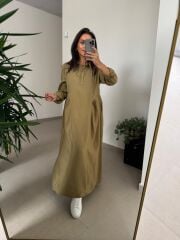 Dr 8513 Tasarım Yanlardan Büzgülü Hardal Elbise