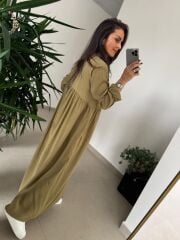 Dr 8513 Tasarım Yanlardan Büzgülü Hardal Elbise