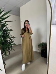 Dr 8513 Tasarım Yanlardan Büzgülü Hardal Elbise