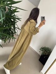 Dr 8513 Tasarım Yanlardan Büzgülü Hardal Elbise