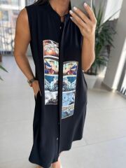 Bb 30010 Siyah Pamuk Keten Dijital Baskı Detaylı Elbise